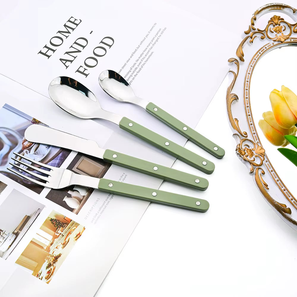 4/16Pcs Acrylic Handle Knife Fork Set Stainless Steels Dinner Cutlery Set Green Silver Western Dinnerware Home Kitchen Flatware