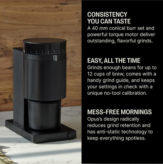 Opus Conical Burr Coffee Grinder - All Purpose Electric - Espresso Grinder with 41 Settings for Drip, French Press, & Cold Brew - Matte Black