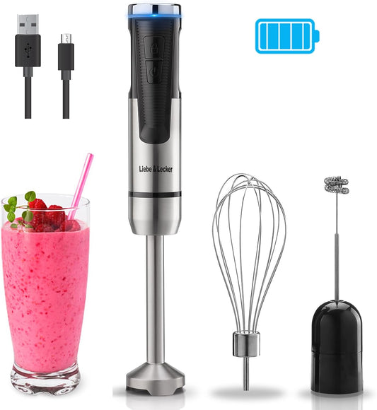 Cordless Hand Blender, Immersion Blender Handheld USB Rechargeable 8 Variable Speeds with Whisk, Milk Frother Attachments, Portable Stick Blender for Milkshakes, Smoothies & Soups.