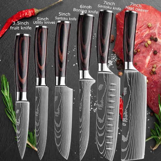 Damascus Chef'S Knife Kitchen Knives Set Professional Boning Knife Meat Cleaver Utility Knife Japanese Santoku Knife with Cover