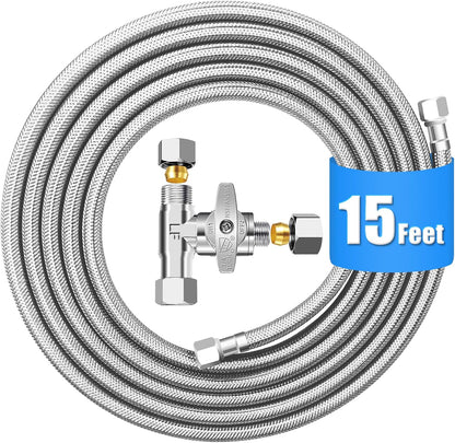 Refrigerator Water Line Kit - 15FT Stainless Steel Braided Ice Maker Water Line with Tee Stop Valve,Foodgrade PEX Inner Hose Fridge Water Line with 1/4" Comp Fitting and Tee Valve