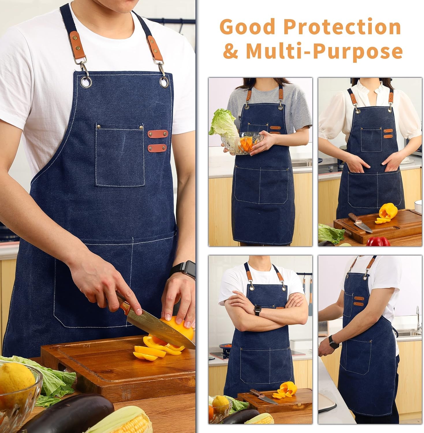 Canvas Cross Back Chef Cotton Aprons for Men Women with Large Pockets