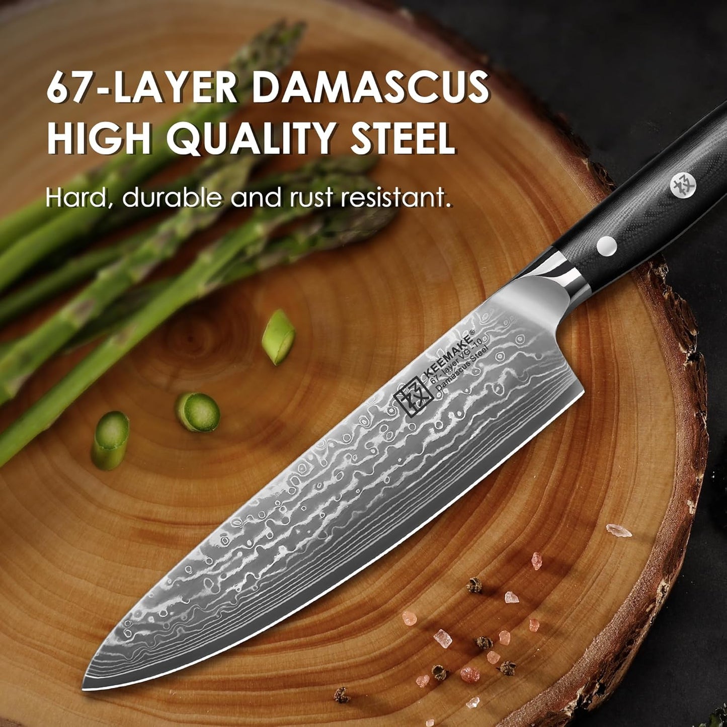 Chef Knife, 8 Inch Damascus Kitchen Knife, 67 Layers Damascus Steel Knife Japanese VG10 Core, Razor Sharp Chefs Knife with Ergonomic G10 Handle, Cooking Knife for Meat Vegetable