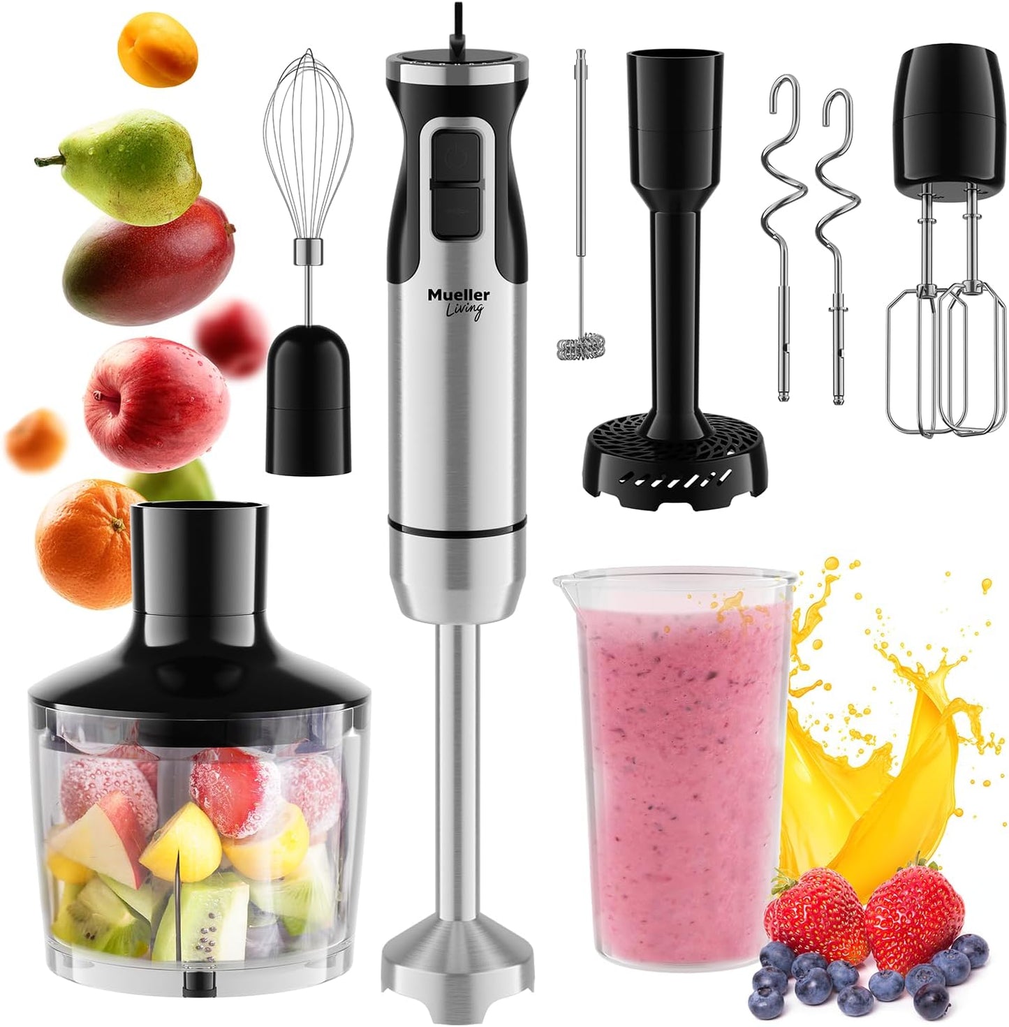 living Immersion Hand Blender Full Set - 8 Speed Immersion Blender, Hand Mixer with 7 Attachments: Stainless Steel Blade, Whisk, Milk Frother, Beater, Mixing Hooks, Potato Masher, Chopper Bowl