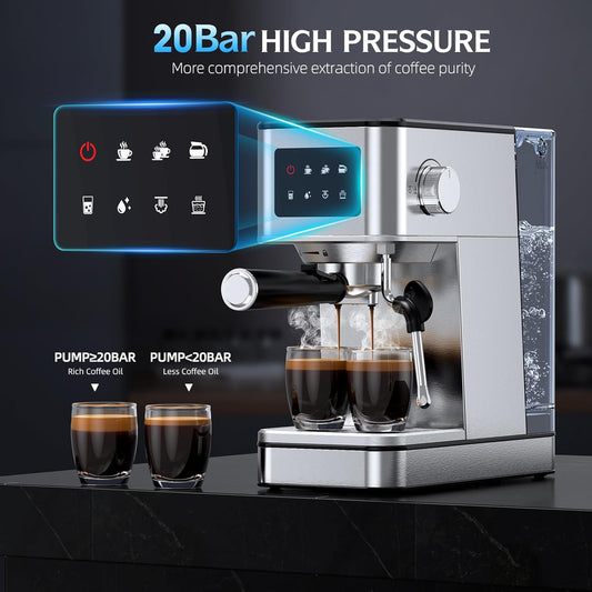 Espresso Machine, 20 Bar Professional Espresso Maker, Milk Frother Steam Wand for Latte, Compact Stainless Steel Machine with 57.5Oz Removable Water Tank and LED Touchscreen Monitors