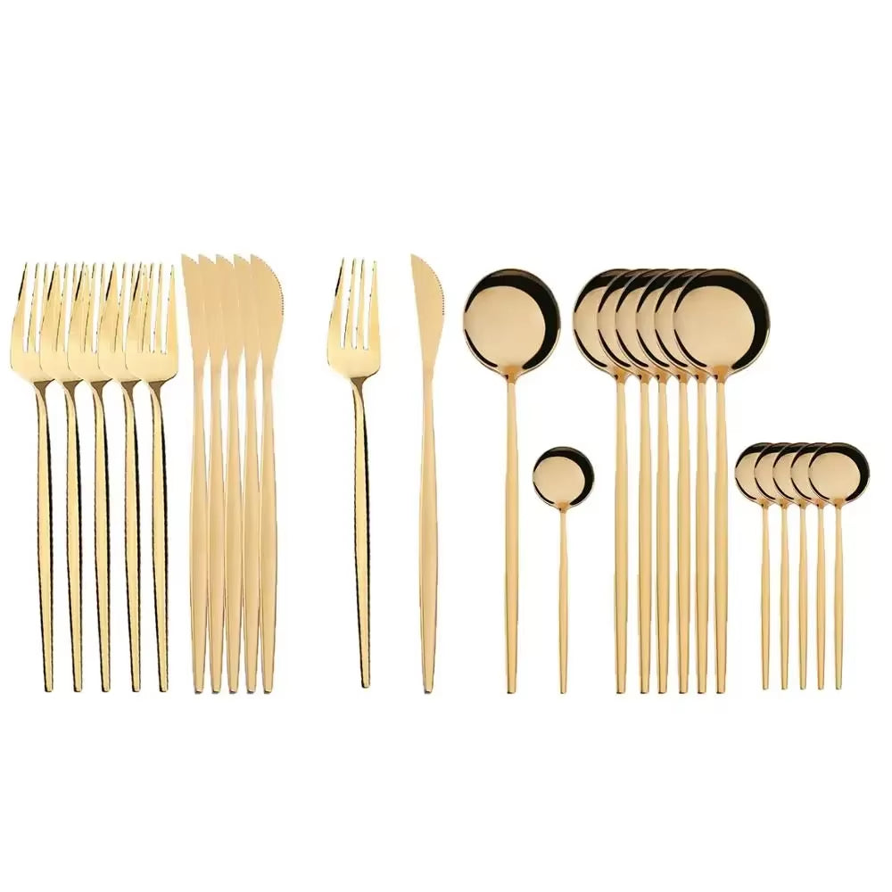 24Pcs Stainless Steel Dinnerware Set Black Gold Cutlery Spoon Fork Knife Western Cutleri Silverware Tableware Set Supplies