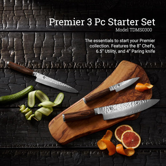 Premier 3 Piece Starter Set, Includes 8" Chef'S Knife, 4" Paring Knife & 6.5" Utility Knife, Handcrafted Japanese Knife Set, VG-MAX Core with Damascus Stainless Steel Cladding, Pakkawood Handle