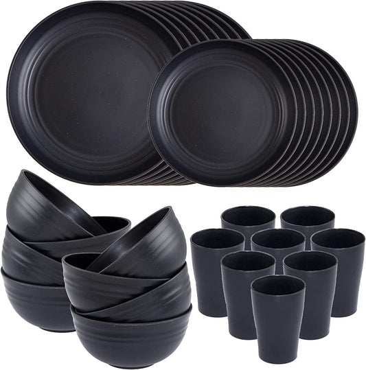 Wheat Straw Dinnerware Sets,Unbreakable Dinner Plates for 8,Microwave Dishwasher Safe,Reusable Dinnerware,Black Set 16Pcs Plates, 8Pcs Bowls, 8Pcs Cups.