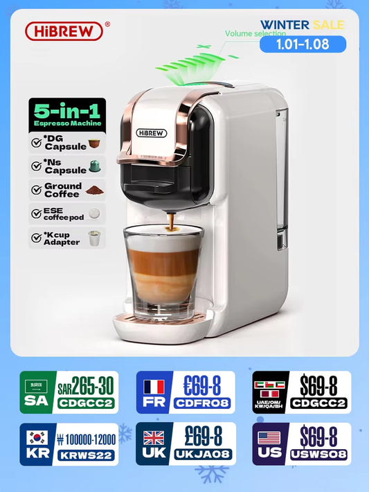 5 in 1 Multiple Capsule Coffee Machine Hot/Cold DG Cappuccino Nes Small Capsule ESE Pod Ground Coffee Cafeteria 20Bar H2B