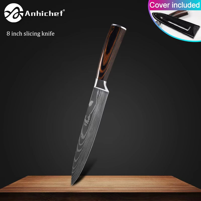 Professional Kitchen Knives Stainless Steel 7CR17 440C Laser Damascus Japanese Santoku Cleaver Slicing Utility Chef Knife Set