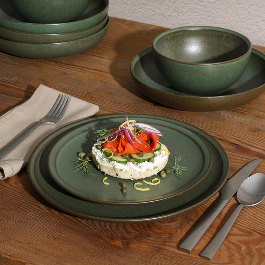 Beckett Stoneware Matte Reactive Glaze 16 Piece (Service for 4) Plates and Bowls Dinnerware Set - Green