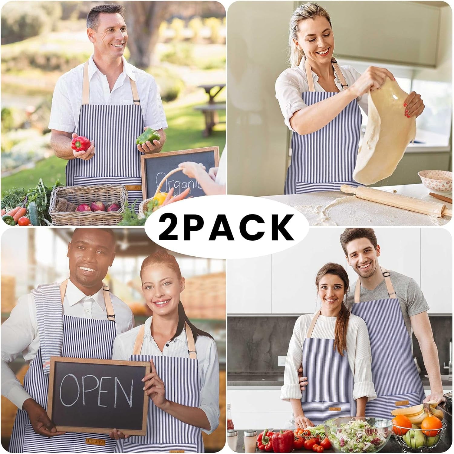 2 Pack Adjustable Bib Apron with 2 Pockets Chef Cooking Kitchen Restaurant Aprons for Women Men