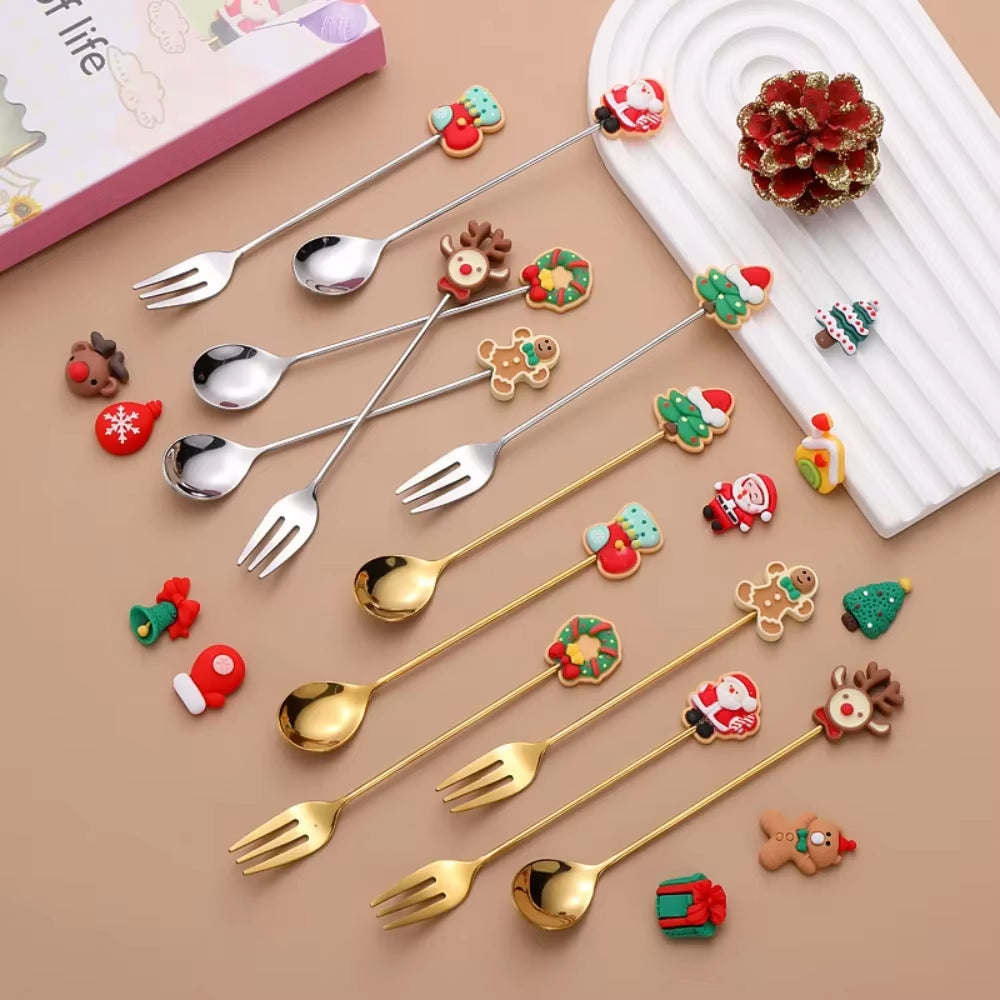 Christmas Spoons Forks Set Stainless Steel Gold Silver Coffee Spoons Cute Elk Christmas Tree Gingerbread Man Salad Dessert Fork