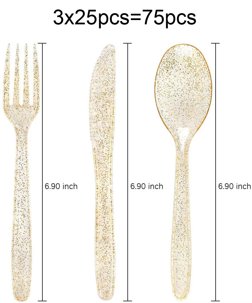 75 Pieces Gold Plastic Silverware- Party Flatware Set-Heavyweight Plastic Cutlery- Includes 25 Forks, 25 Spoons, 25 Knives