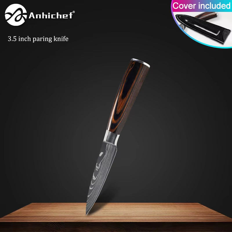 Professional Kitchen Knives Stainless Steel 7CR17 440C Laser Damascus Japanese Santoku Cleaver Slicing Utility Chef Knife Set