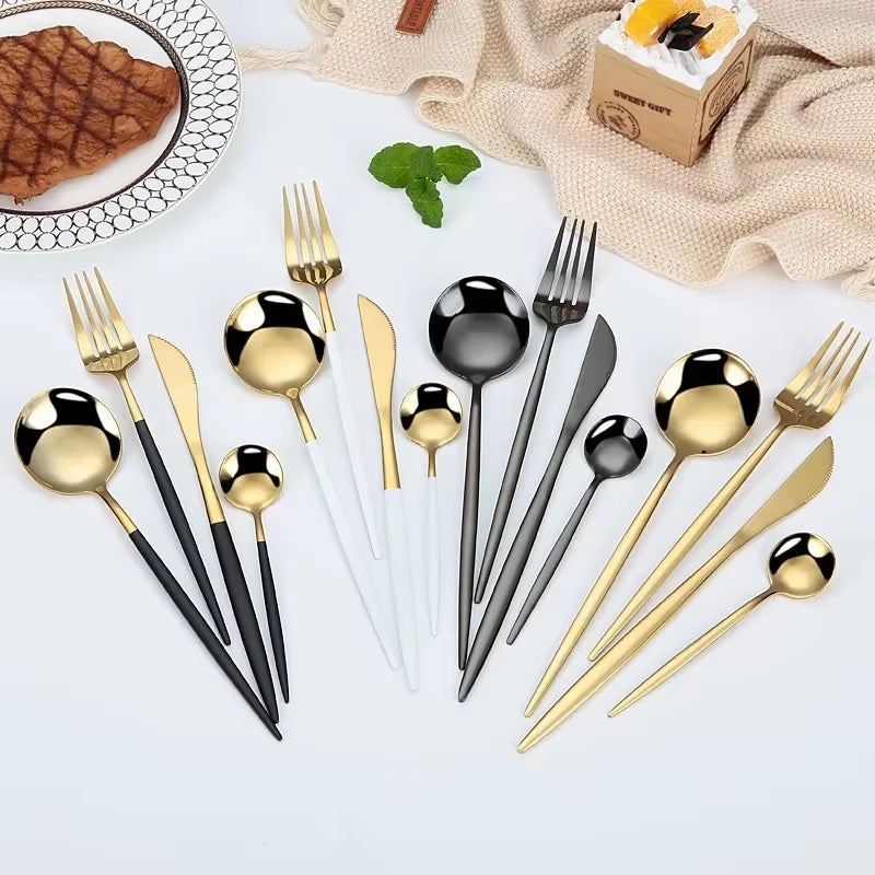 24Pcs Stainless Steel Dinnerware Set Black Gold Cutlery Spoon Fork Knife Western Cutleri Silverware Tableware Set Supplies