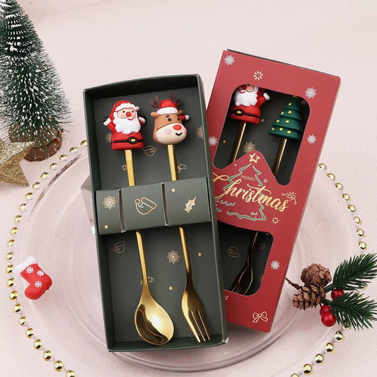 2Pcs Christmas Gift Silver Glod Spoon Fork Set Elk Christmas Tree Decoration Dessert Scoop Fruit Fork Coffee Spoon Cutlery Set