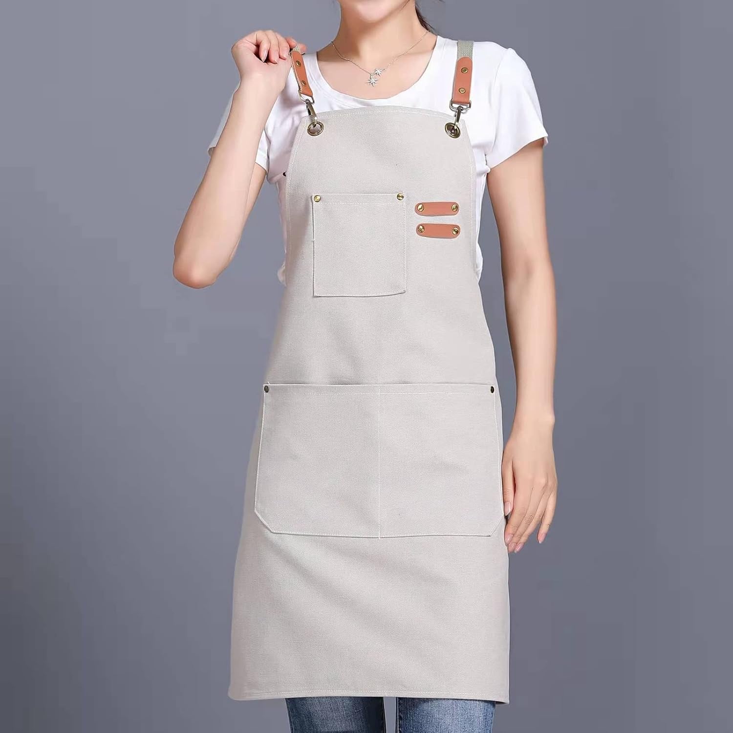 Canvas Cross Back Chef Cotton Aprons for Men Women with Large Pockets