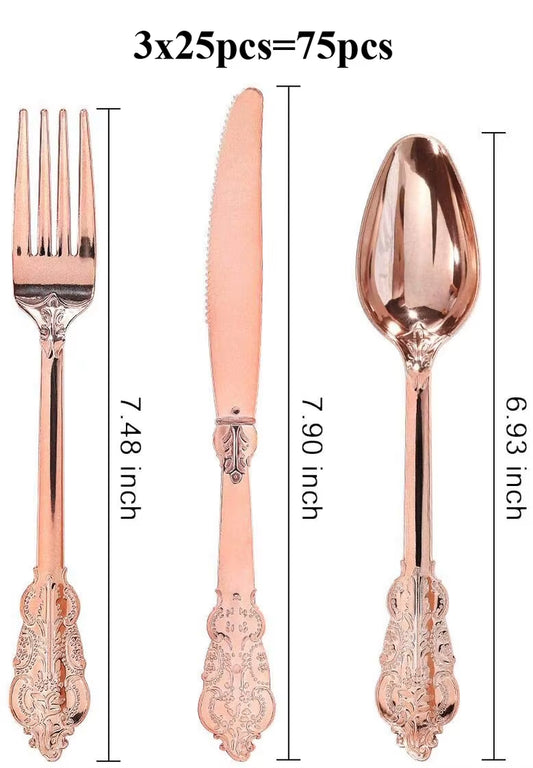 75 Pieces Gold Plastic Silverware- Party Flatware Set-Heavyweight Plastic Cutlery- Includes 25 Forks, 25 Spoons, 25 Knives