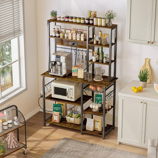 Large Bakers Rack with Power Outlets, 6-Tier Microwave Stand, Coffee Bar with 12 S-Shaped Hooks, Kitchen Shelf with Wire Basket, 39.3 X 15.5 X 66.9 Inches, Rustic Brown