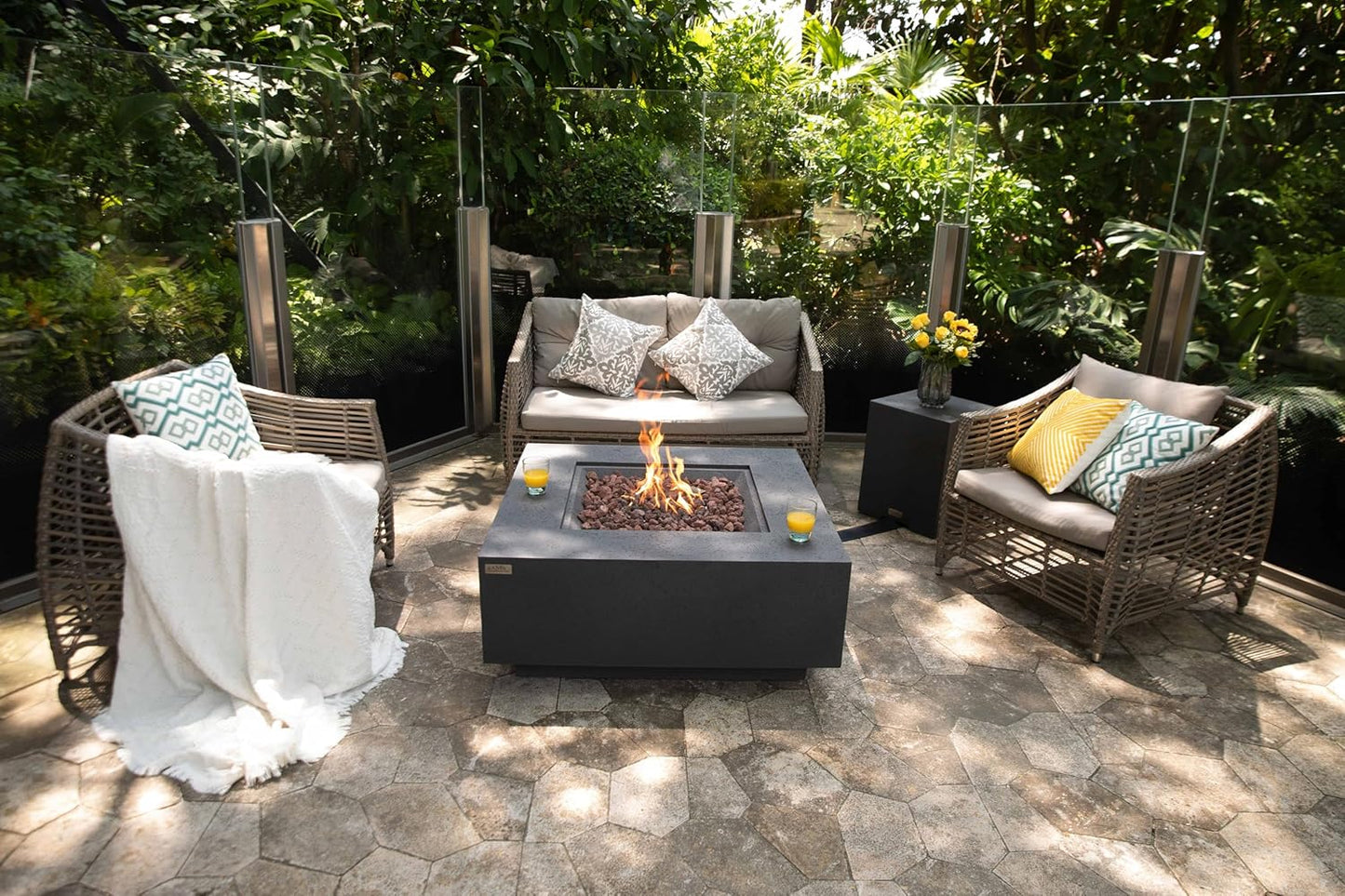 AMS Fireplace | Brooklyn 40"X40" Square Concrete Natural Gas Fire Pit Table | Dark Gray | Travertine (Coarse) Texture Surface | Outdoor Patio Heater Electronic Ignition outside Backyard Fireplace