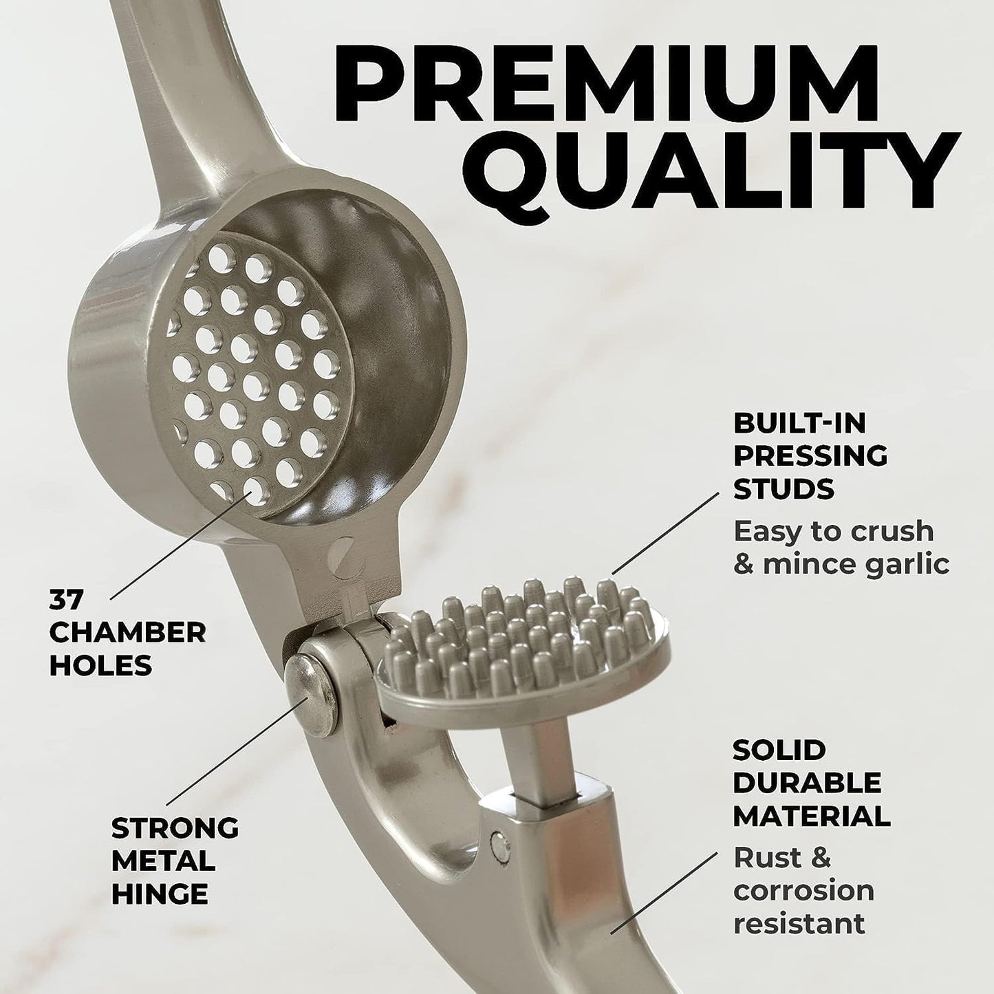 Premium Garlic Press Set - Rust Proof & Dishwasher Safe Professional Garlic Mincer Tool - Easy-Squeeze, Easy-Clean with Soft, Ergonomic Handle - Silicone Garlic Peeler & Brush (Silver)