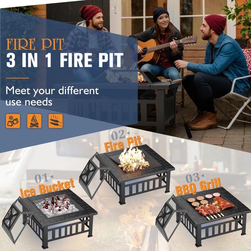 32'' Outdoor Square Fire Pit with Lid