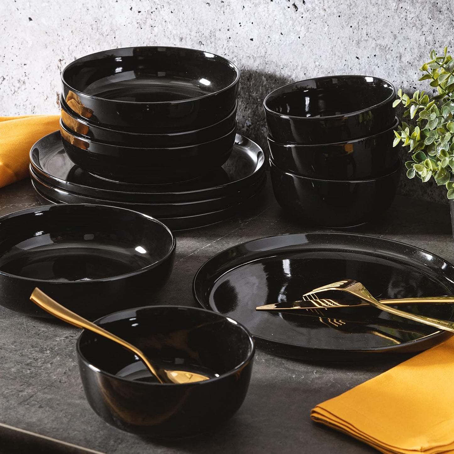 Oslo 12-Piece Porcelain Chip and Scratch Resistant Dinnerware Set, Black,Service for 4