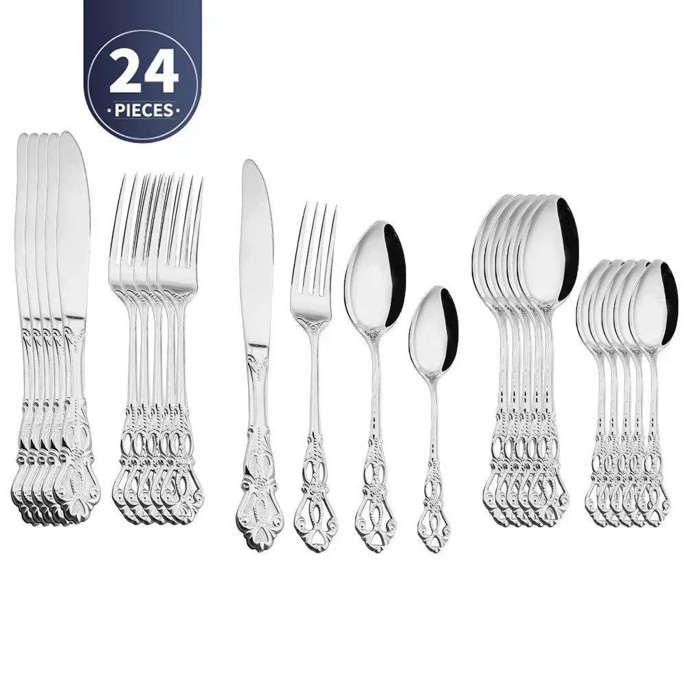 Golden Stainless Steel Cutlery Set Royal European Spoon Fork Complete Tableware Retro Design Dishwasher Safe Elegant Flatware