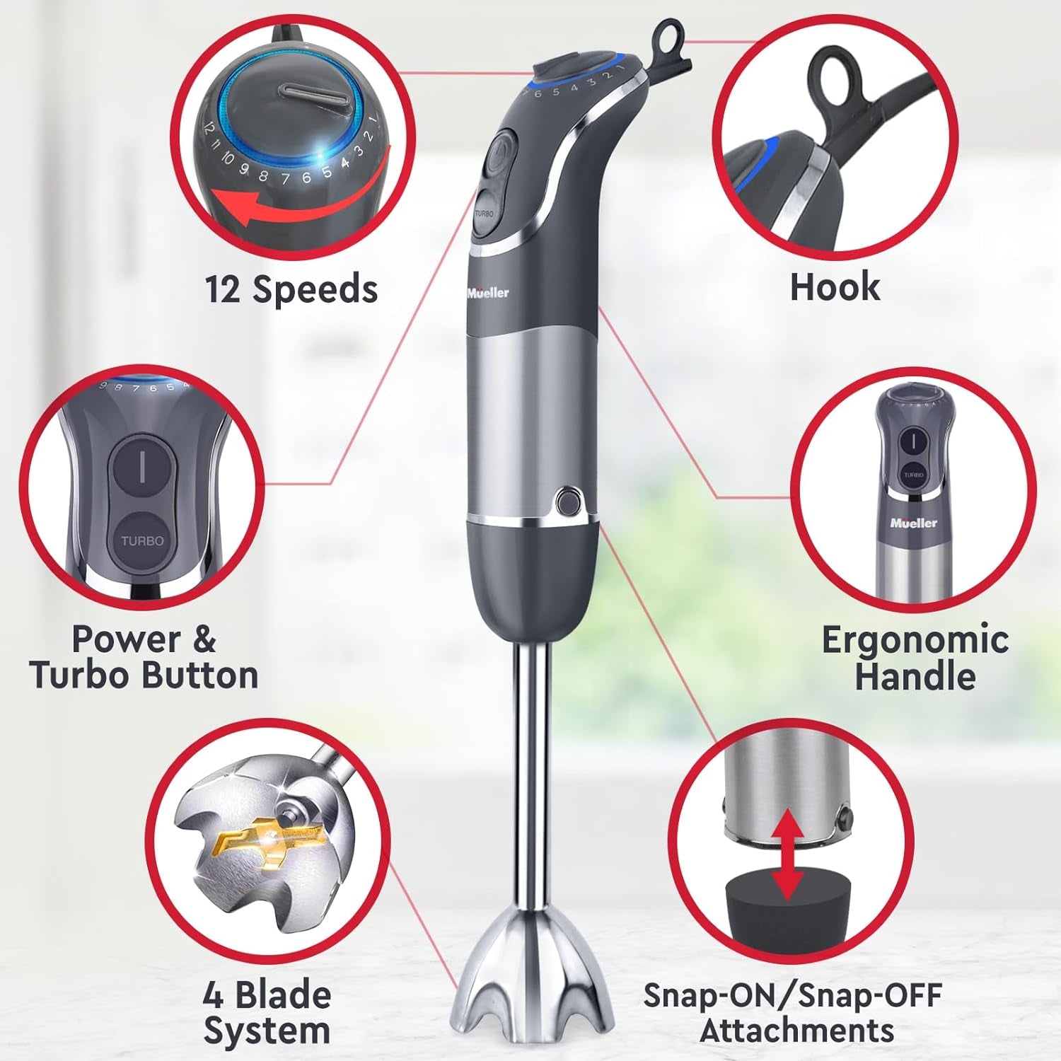 Multistick 800W 4-In-1 Immersion Blender Handheld, 12 Speed Hand Mixer - Turbo Boost, Heaviest Duty Copper Motor, Titanium Blades Hand Blender, Milk Frother Wand, Whisk, Beaker, Chopper