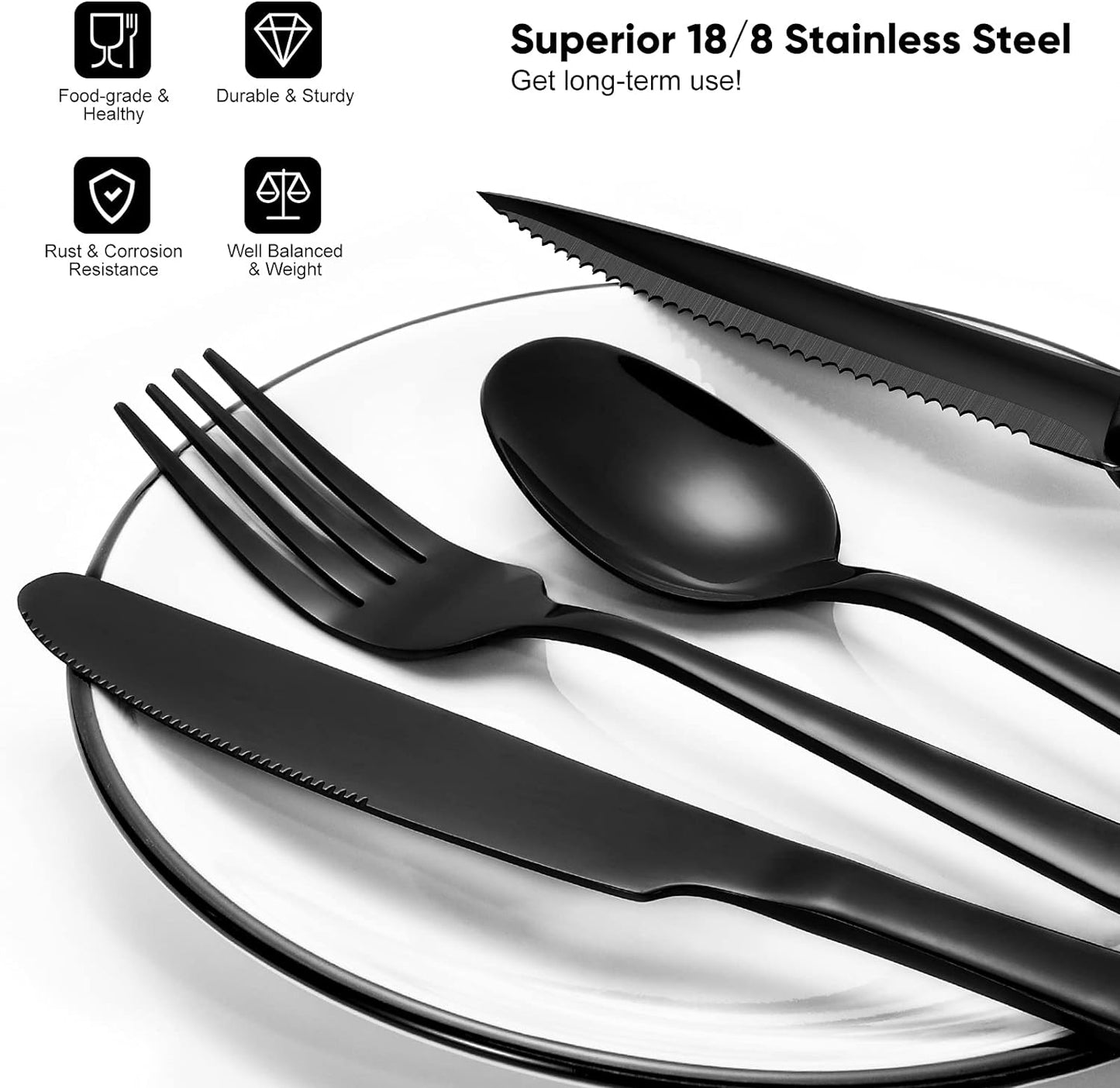 48 Pieces Black Silverware Set, Black Flatware Set with Steak Knives, Food-Grade Stainless Steel Cutlery Set for 8, Tableware Eating Utensils, Dishwasher Safe