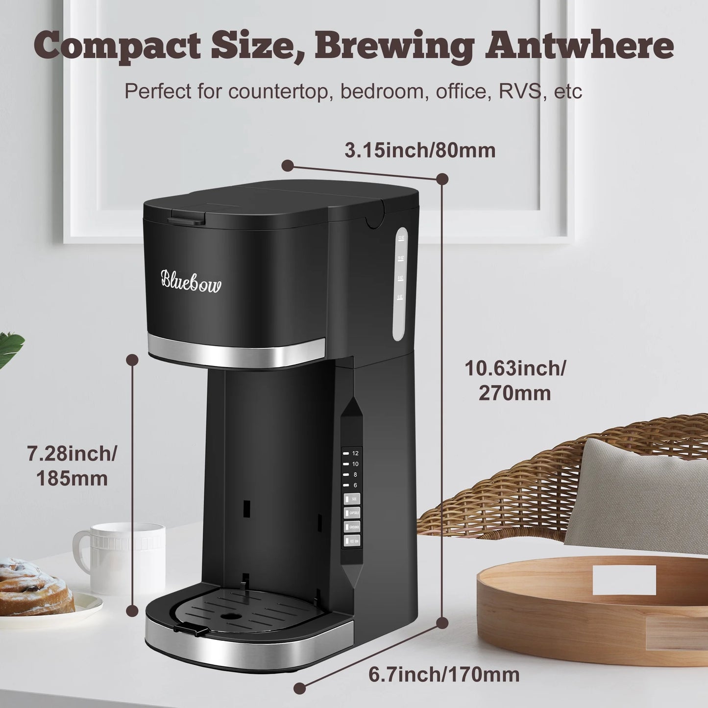 Hot & Iced Coffee Maker, 3 in 1 Single Serve Brew for K Cup, Ground Coffee & Tea, 6-12Oz Brew Size, Black