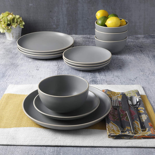 Rockaway 12-Piece Dinnerware Set Service for 4, Grey Matte -