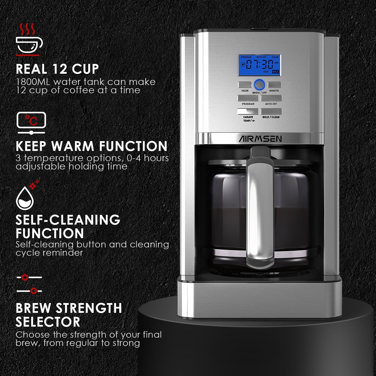 Stainless Steel 12 Cup Drip Coffee Maker, Programmable Coffee Machine Self-Cleaning