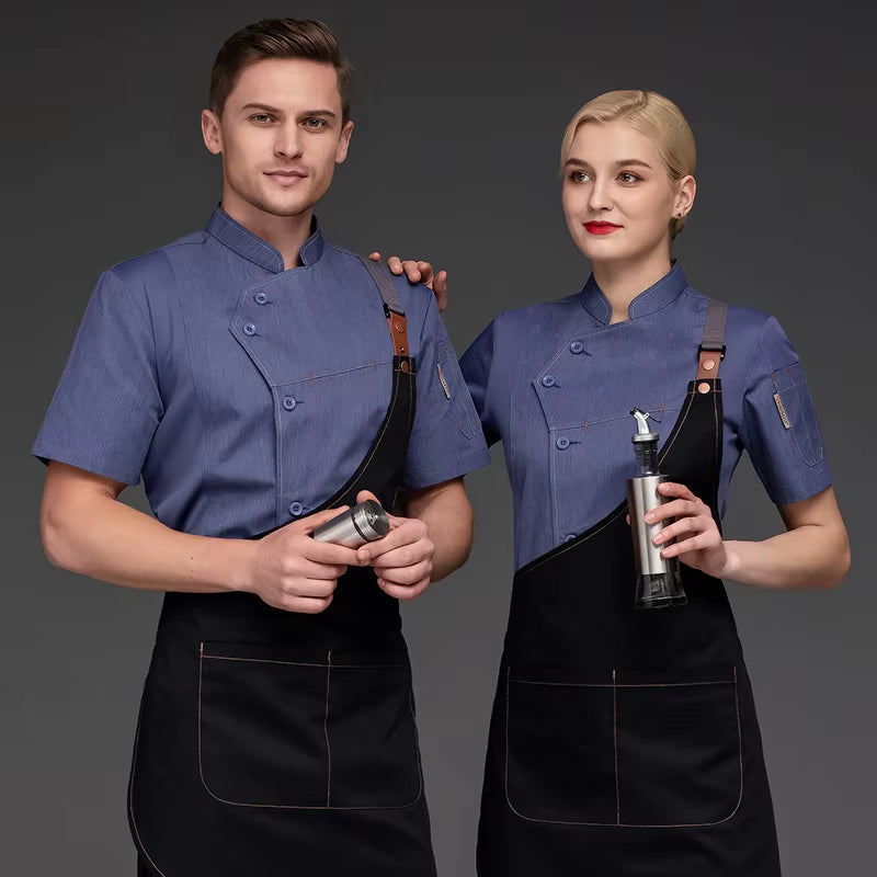 Chef Shirts Kitchen Uniforms Working Clothes for Men Bakery Bar Chef Jacket Apron Waterproof Restaurant Women Waitress Black