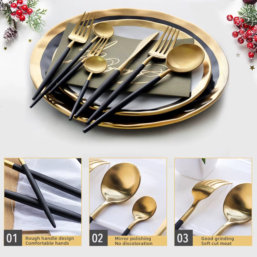 24Pcs Black Western Dinnerware Set Stainless Steel Cutlery Set Fork Knife Spoon Tableware Set Flatware Set Silverware Set