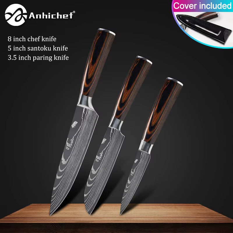 Professional Kitchen Knives Stainless Steel 7CR17 440C Laser Damascus Japanese Santoku Cleaver Slicing Utility Chef Knife Set