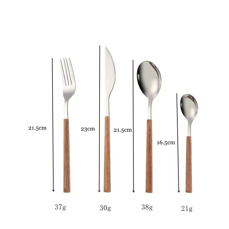 16Pcs Stainless Steel Imitation Wooden Handle Cutlery Set Dinnerware Clamp Western Tableware Knife Fork Tea Spoon Silverware