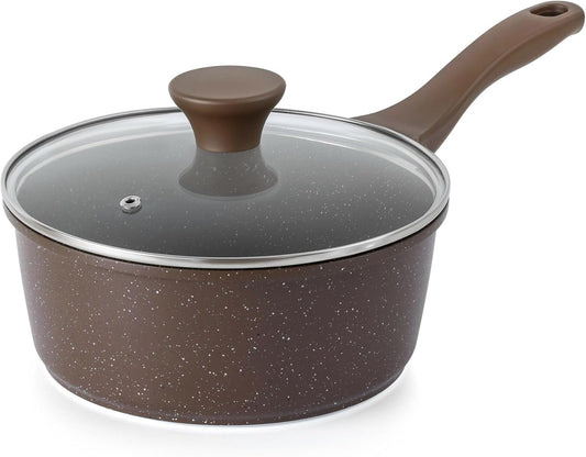 Saucepan Nonstick with Lid 1.5 Quarts Granite Coating Sauce Pot Small Kitchen Cooking Pot, Induction Comptable, PFOA Free