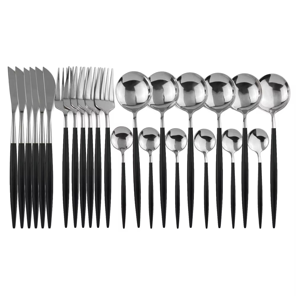 24Pcs Black Western Dinnerware Set Stainless Steel Cutlery Set Fork Knife Spoon Tableware Set Flatware Set Silverware Set