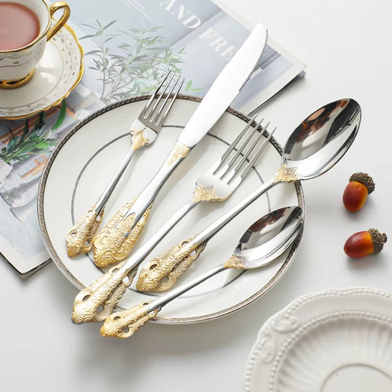 Luxery Gold Cutlery Set Vintage Dinnerware Set 18/10 Stainless Steel Silver Flatware Knife Fork and Spoon Drop Shipping