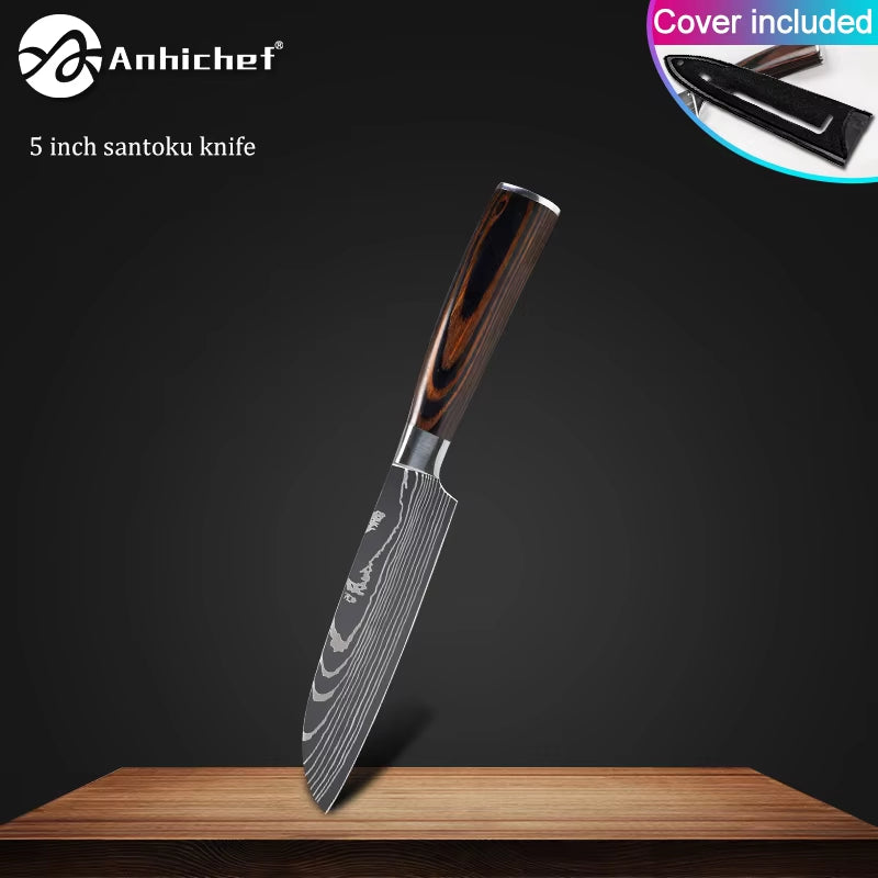 Professional Kitchen Knives Stainless Steel 7CR17 440C Laser Damascus Japanese Santoku Cleaver Slicing Utility Chef Knife Set