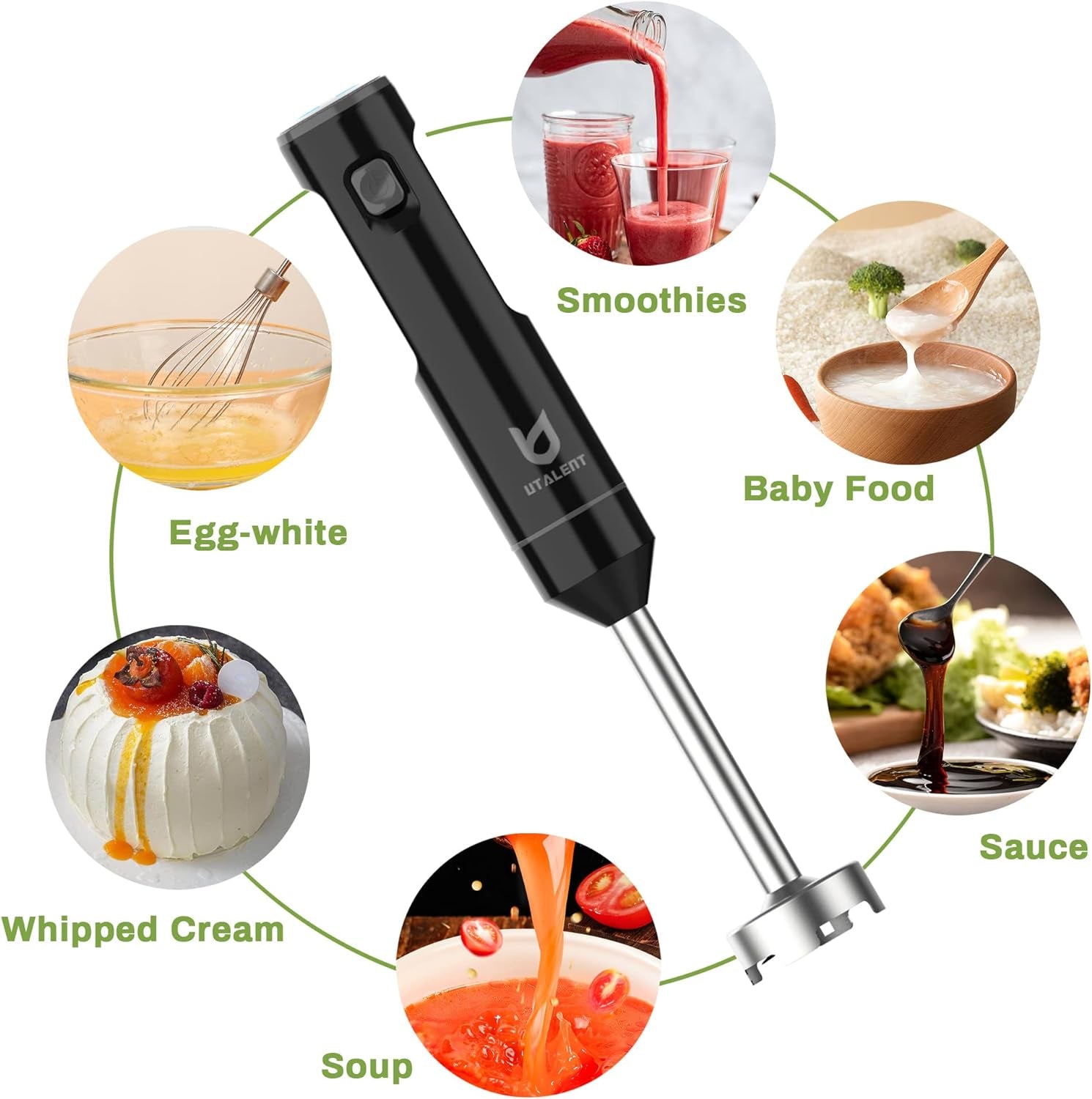 Cordless Hand Blender,  Variable Speed Immersion Blender Rechargeable, with 500Ml Chopper, 600Ml Container, Egg Whisk, for Smoothies, Baby Food and Soups – Black