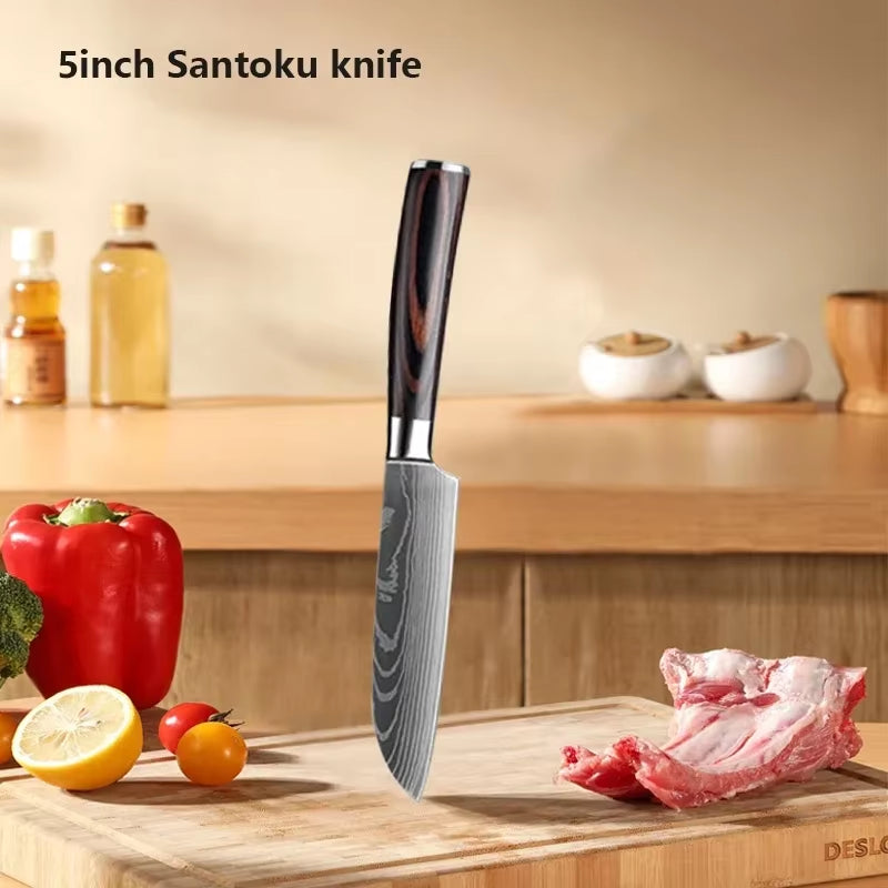 Damascus Chef'S Knife Kitchen Knives Set Professional Boning Knife Meat Cleaver Utility Knife Japanese Santoku Knife with Cover