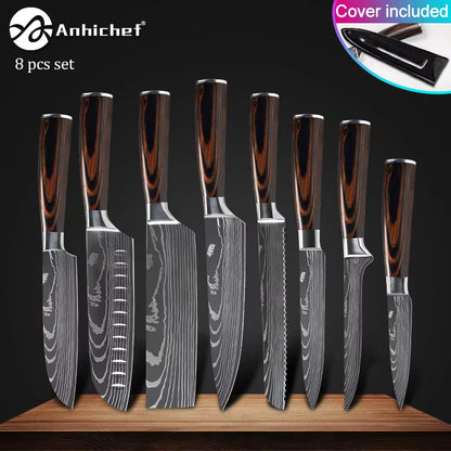 Professional Kitchen Knives Stainless Steel 7CR17 440C Laser Damascus Japanese Santoku Cleaver Slicing Utility Chef Knife Set