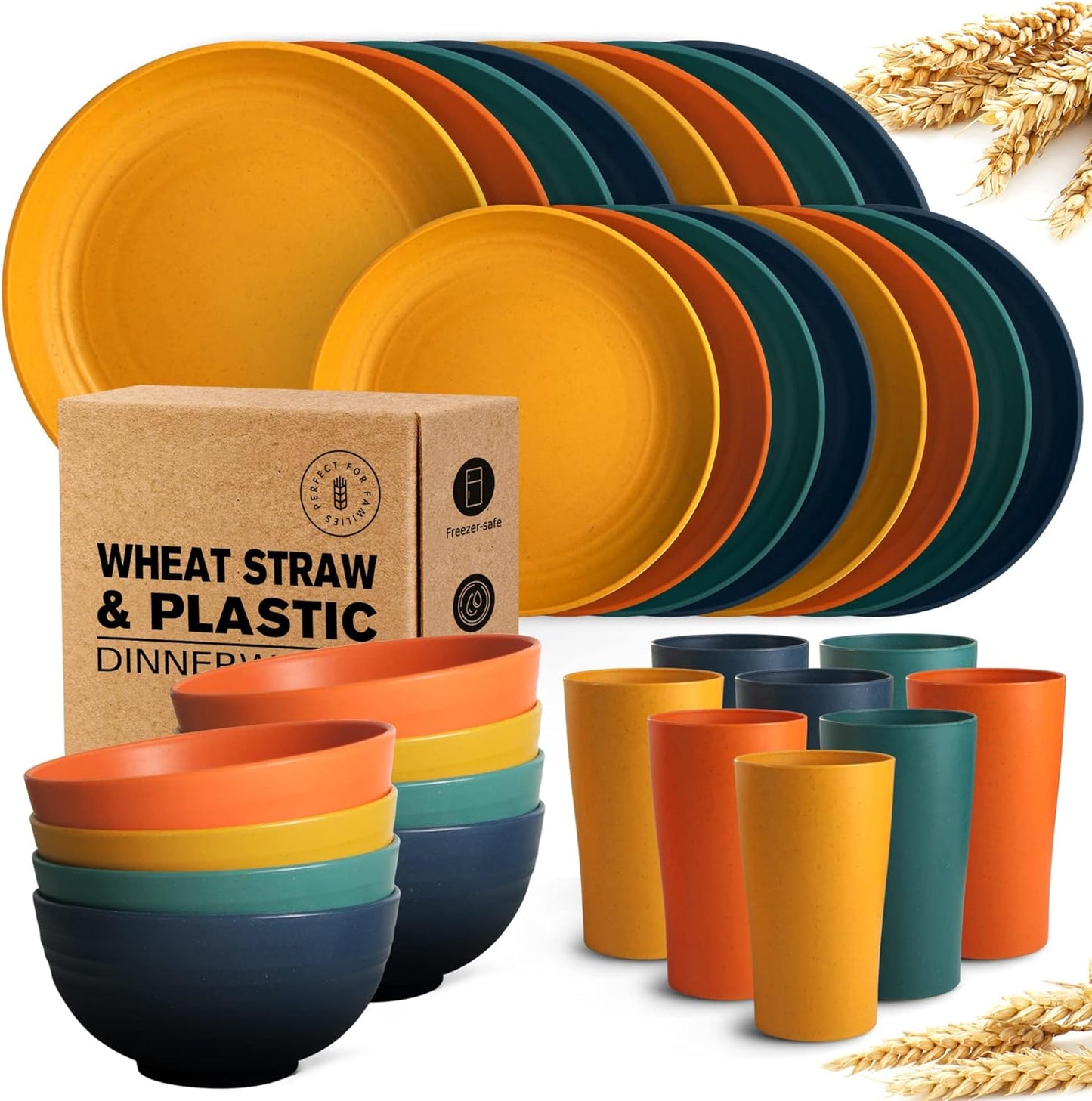 32-Piece Kitchen Plastic Wheat Straw Dinnerware Set, Service for 8, Dinner Plates, Dessert Plate, Cereal Bowls, Cups, Unbreakable Colorful Plastic Outdoor Camping Dishes, Autumn Multicolor