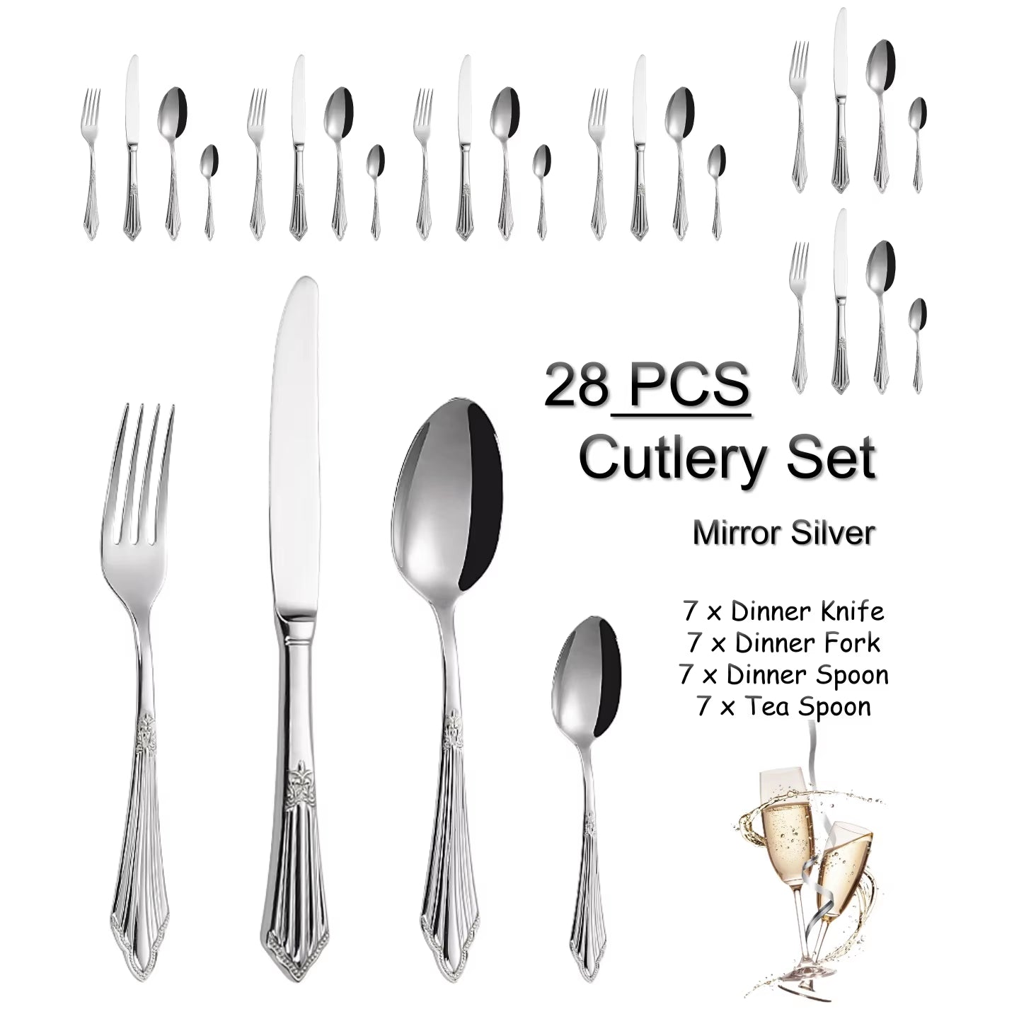 4/8/12/16/20/24/28 PCS Luxury Gold Plated Flatware Set Dishwasher Safe Cutlery Antique Silverware with Hollow Handle Table Knife