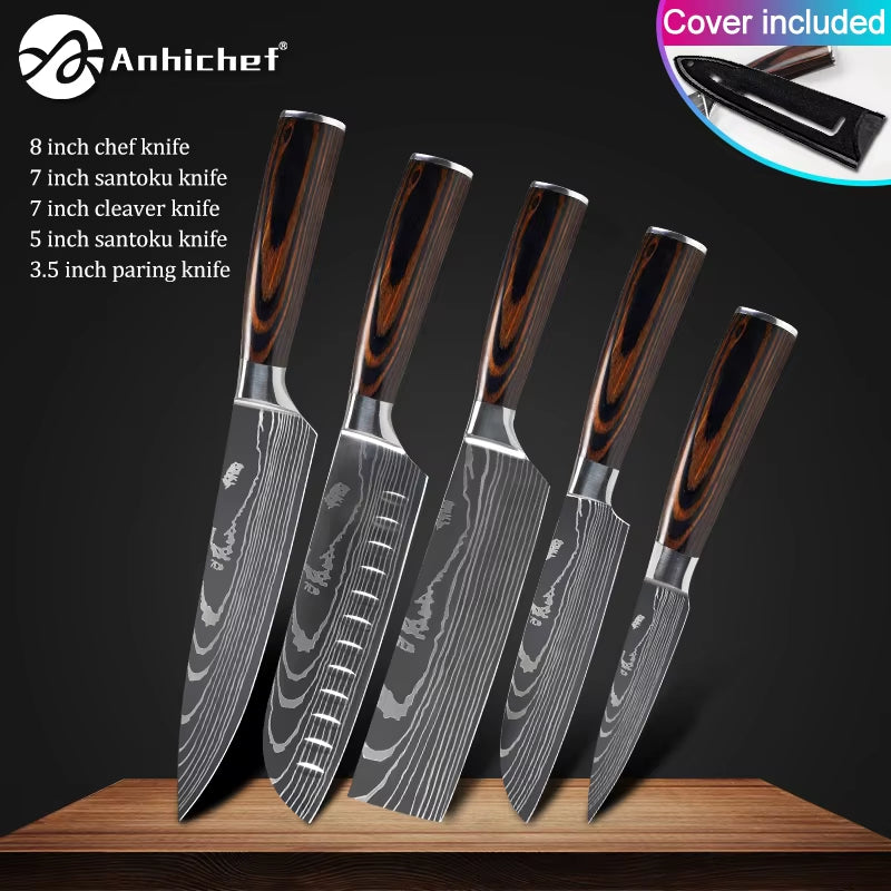 Professional Kitchen Knives Stainless Steel 7CR17 440C Laser Damascus Japanese Santoku Cleaver Slicing Utility Chef Knife Set