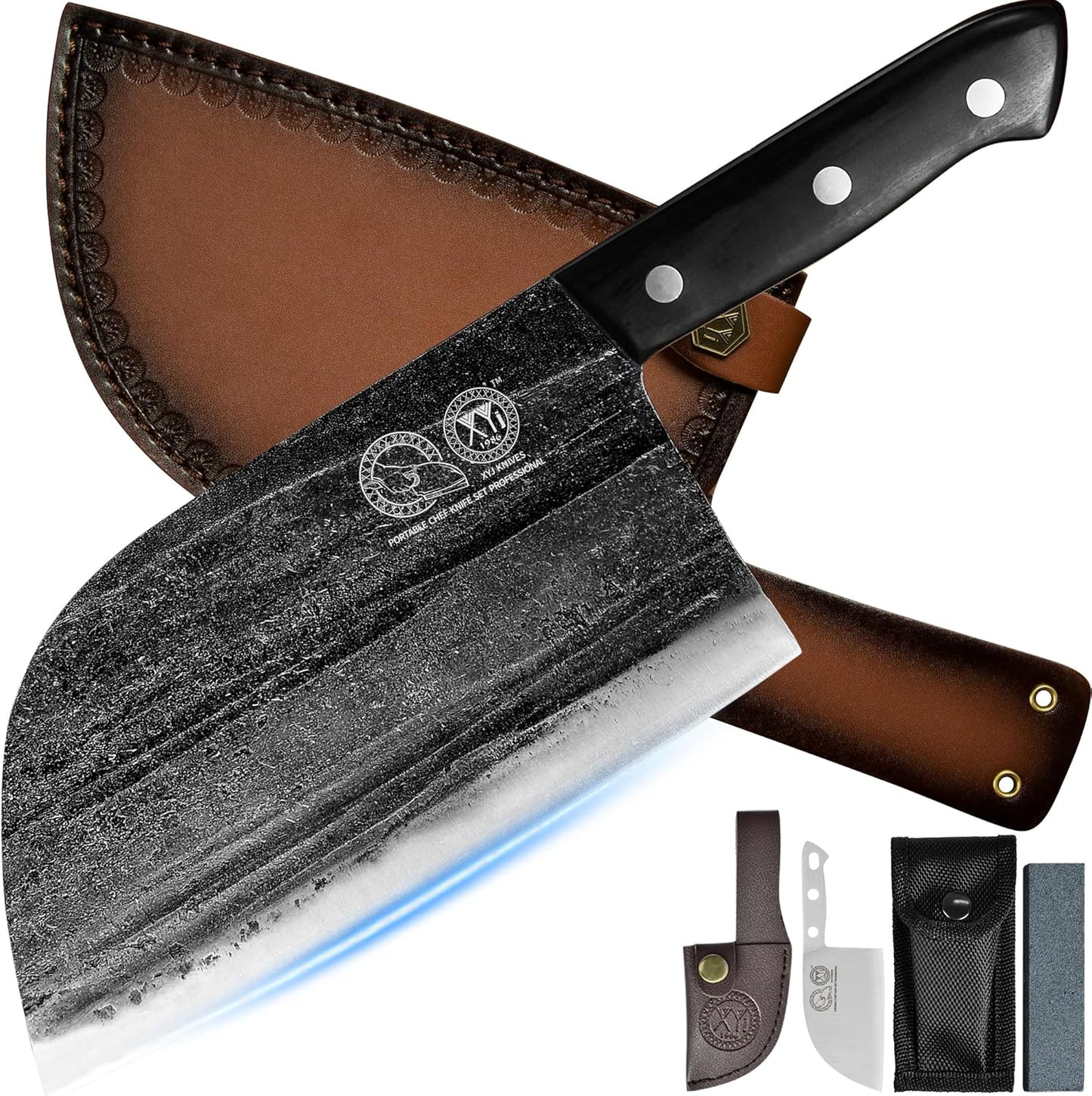 Authentic since 1986,Outstanding Ancient Forging,6.7 Inch Full Tang,Serbian Chefs Knife,Chef Meat Cleaver,Kitchen Knives,Set with Leather Sheath,Take Carrying,Butcher