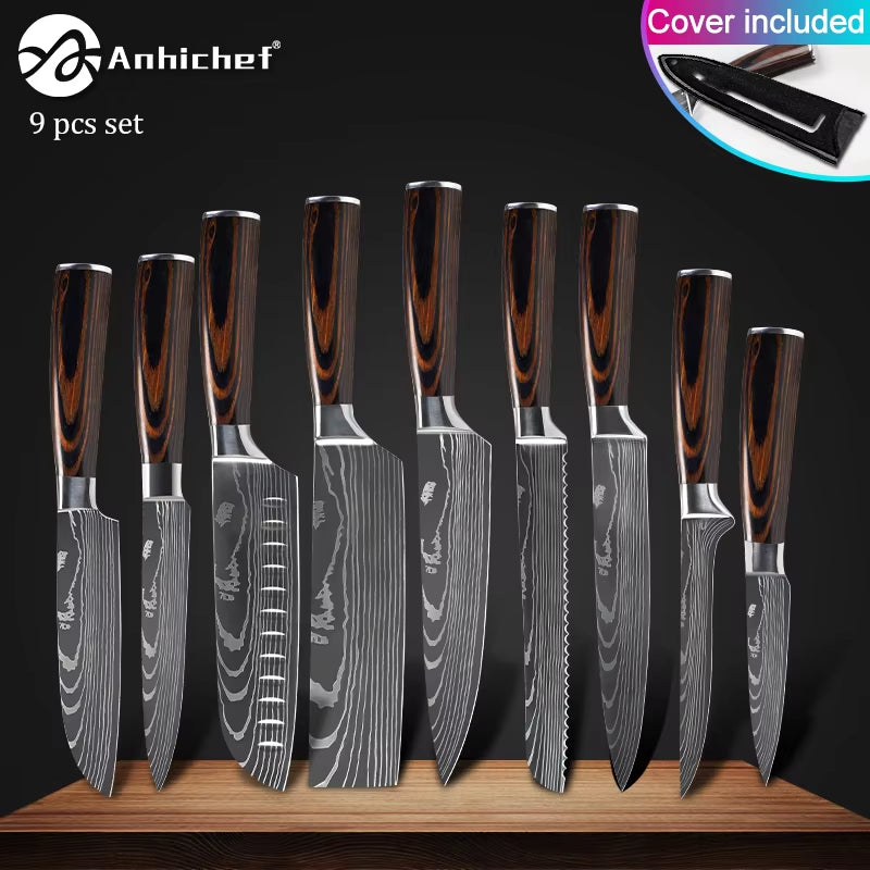 Professional Kitchen Knives Stainless Steel 7CR17 440C Laser Damascus Japanese Santoku Cleaver Slicing Utility Chef Knife Set